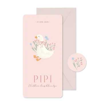 Lief langwerpig geboortekaartje met gansje en bloemen roze
